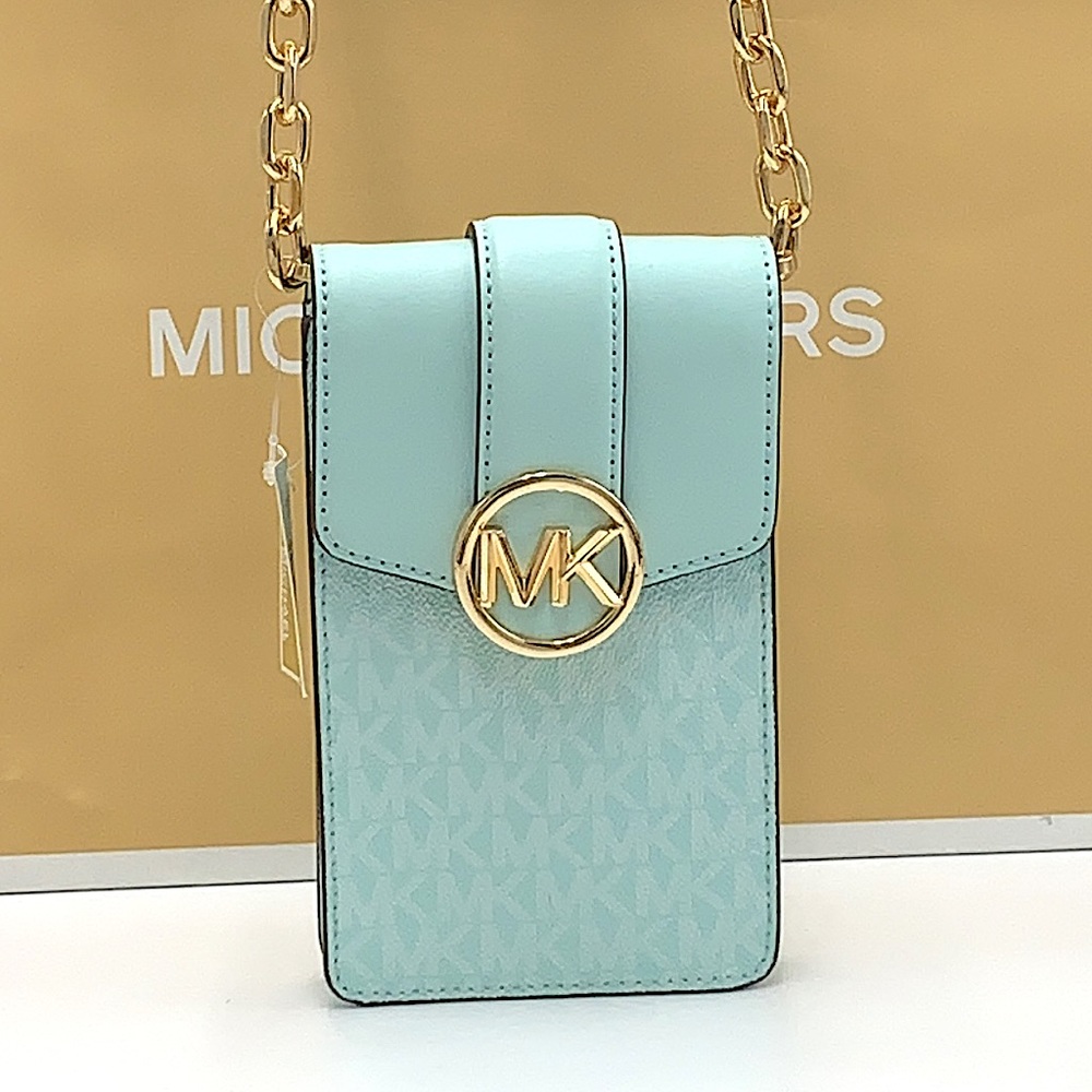 NWT MICHAEL KORS CARMEN SMALL NORTH SOUTH PHONE XBODY FAIR AQUA SIGNATURE COLOR - Picture 14 of 16